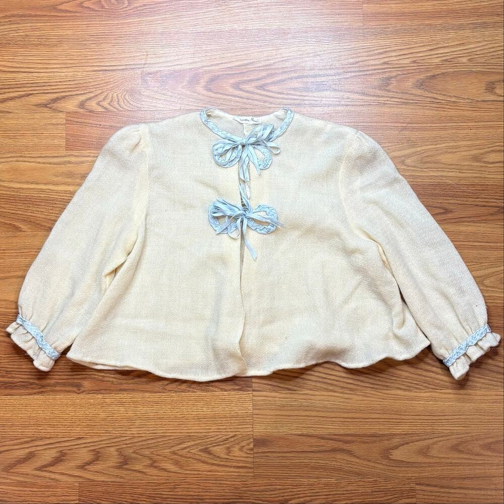 Vintage Stella Fagin Bed Jacket Womens L Cream Blue Ribbon Boudoir Knit Bow